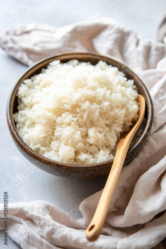 Closeup view of sticky cooked rice in a bowl