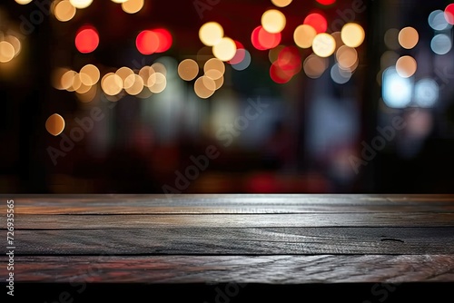 Dark wooden table at center of urban cafe blurred lights creating bokeh effect in background embodying modern retro vibe perfect for product displays with touch of nightlife and city charm