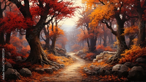 A fantastic beautiful autumn landscape with a path, an oak forest, trees with orange-red and yellow leaves.