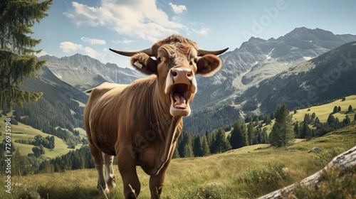 Beautiful amazing cow with a wide open mouth grazing happily in the lush green meadow photo