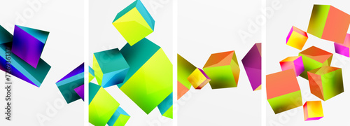 Flying 3d shapes, cubes and other geometric elements background design for wallpaper, business card, cover, poster, banner, brochure, header, website