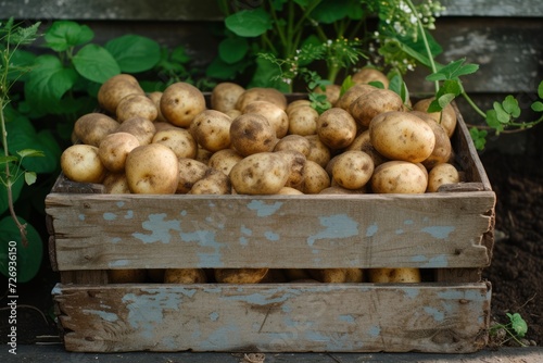 wooden box full of potatoes. Agriculture, gardening, growing vegetables © Zero Zero One