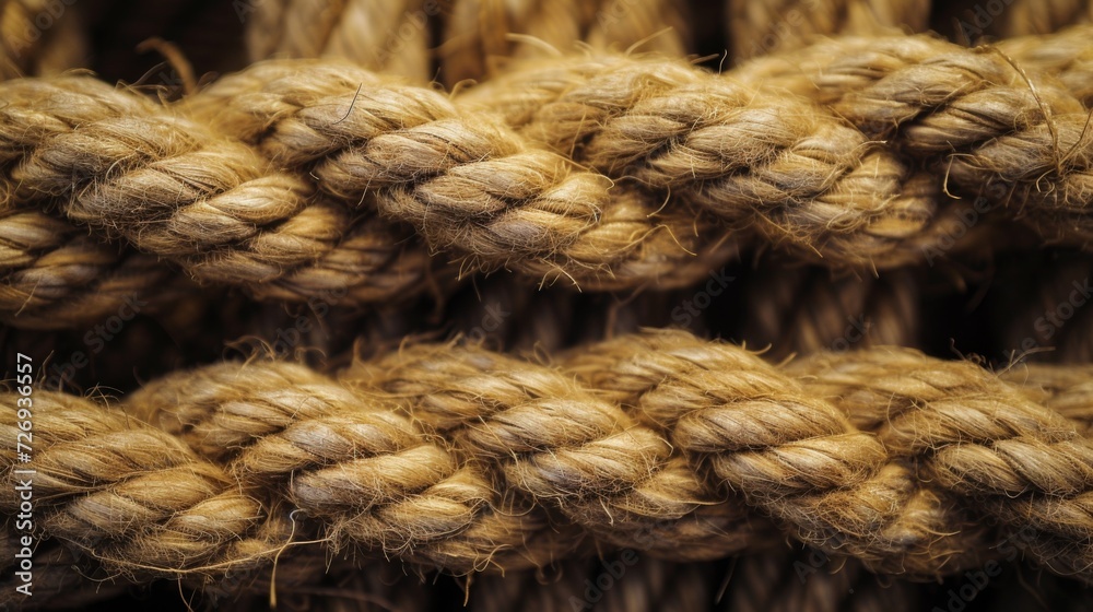 Closeup of old thick nautical rope. Heavy strong ropes background.