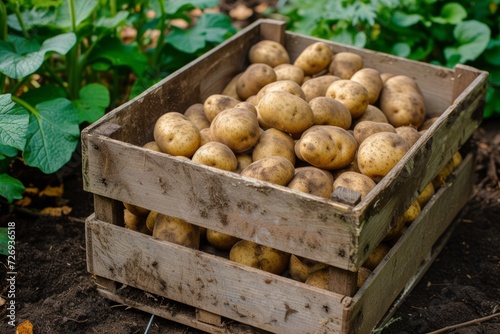wooden box full of potatoes. Agriculture, gardening, growing vegetables © Zero Zero One