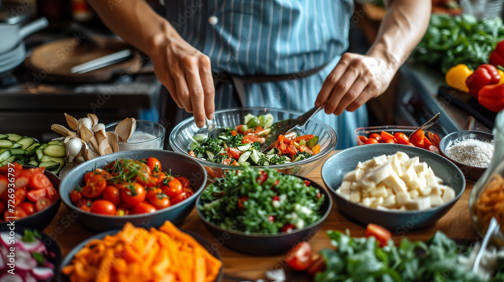 Healthy meal preparation, large bowls of salads and other vegetables. Fresh organic ingredients.