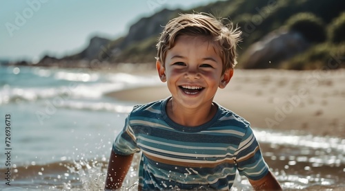 Kid boy at the beach summer holiday vacation running and smiling at camera from Generative AI