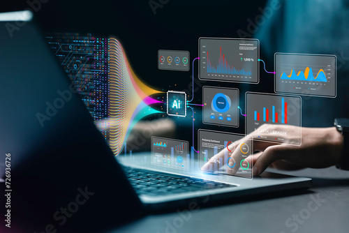 Data analysis science and big data with AI technology. Analyst or Scientist uses a computer and dashboard for analysis of information on complex data sets on computer. Insights development engineer photo