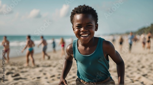 Kid black african boy at the beach summer holiday vacation running and smiling at camera from Generative AI photo