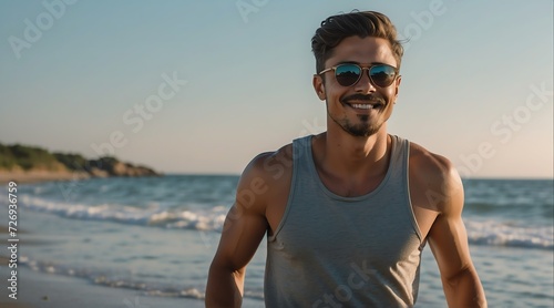 Handsome young man at the beach summer holiday vacation running and smiling at camera from Generative AI