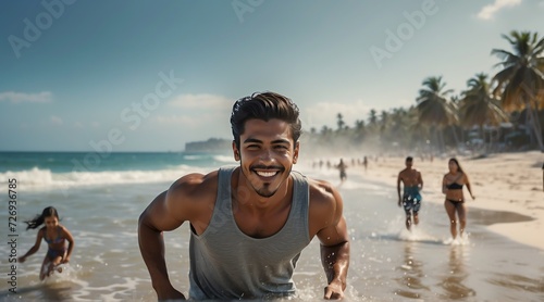 Handsome young hispanic man at the beach summer holiday vacation running and smiling at camera from Generative AI