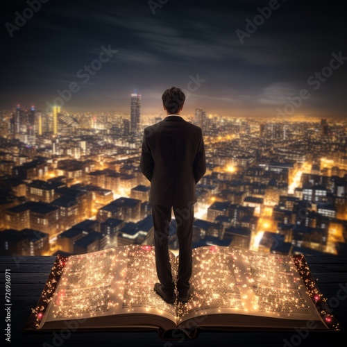 Man Standing on Book With City Background