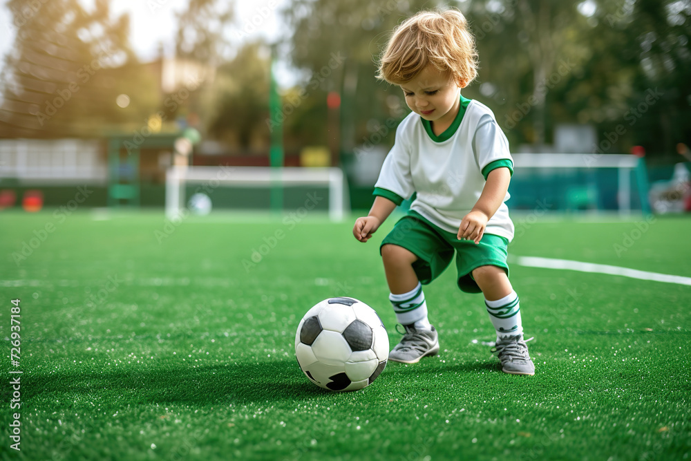 Cute little boy playing football on a green field.