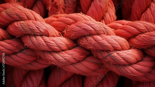 Red rope. Closeup of old thick nautical ropes. Heavy strong ropes background.