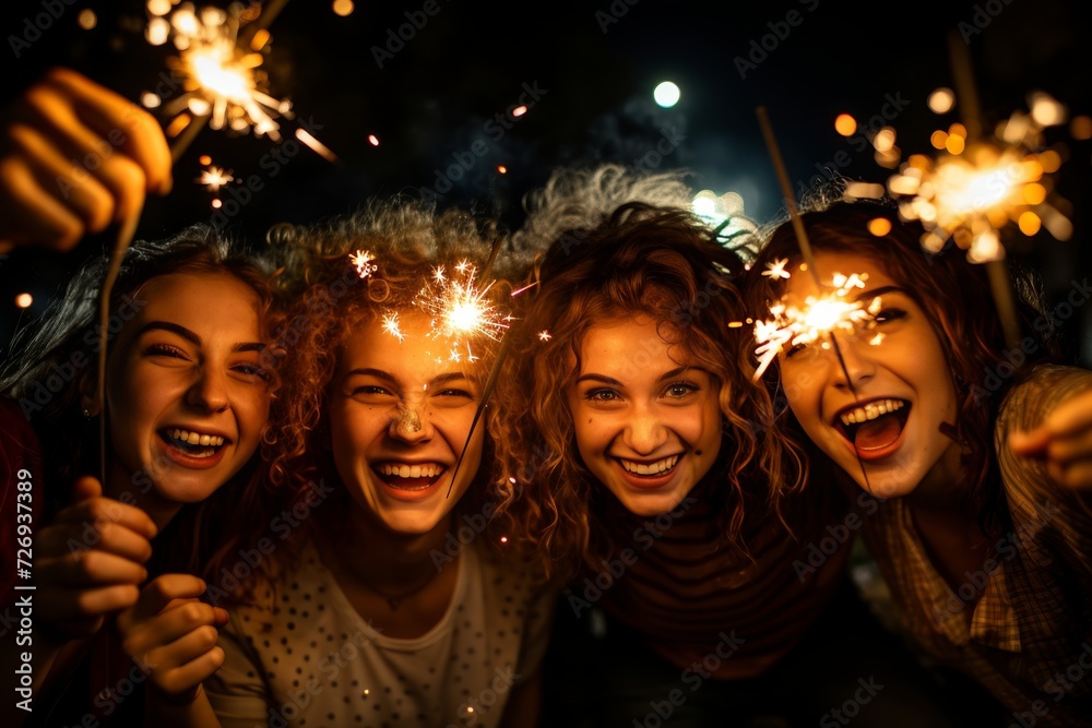 Happy friends enjoying new year with sparklers - celebrating with fireworks - holidays and friendship Happy friends enjoying new year with sparklers - celebrating with fireworks - holidays and friendship