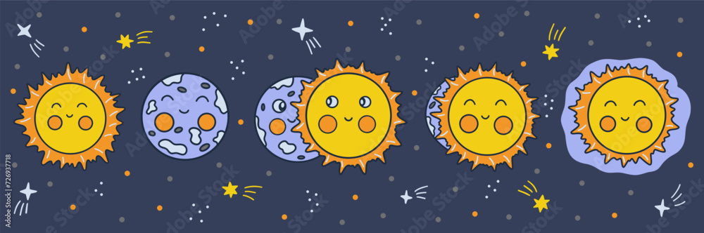 Lunar eclipse. Phases of onset of moon eclipse. Night sky with stars. Colorful vector illustration hand drawn doodle. Blue horizontal background