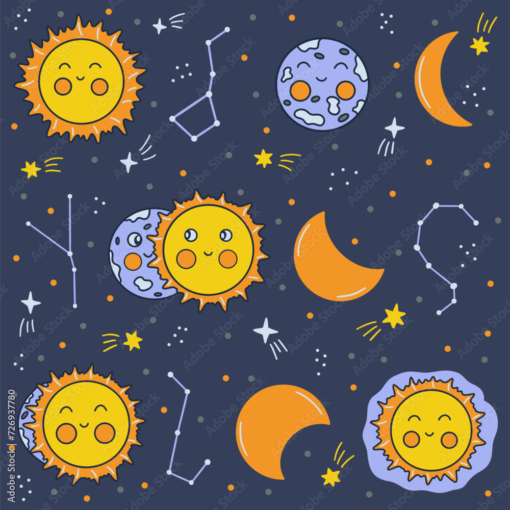 Lunar eclipse. Phases of onset of moon eclipse. Night sky with stars and constellations. Colorful vector illustration hand drawn doodle. Blue background Lunar eclipse. Phases of onset of moon eclipse. Night sky with stars and constellations. Colorful vector illustration hand drawn doodle. Blue background
