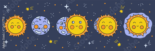 Lunar eclipse. Phases of onset of moon eclipse. Night sky with stars. Colorful vector illustration hand drawn doodle. Blue horizontal background