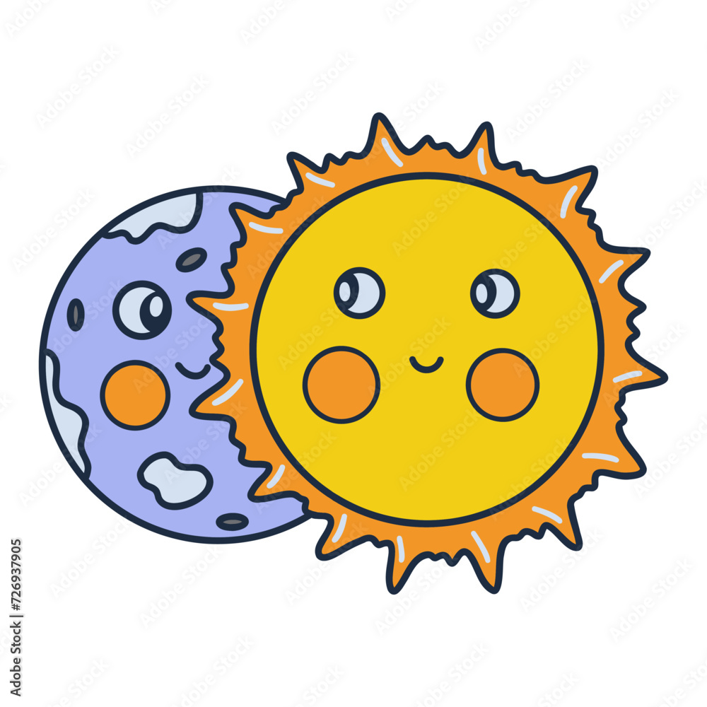 Fototapeta premium Lunar eclipse, initial phase. Colorful vector isolated illustration hand drawn doodle. Icon or card, clip art with contour. Happy sun and moon