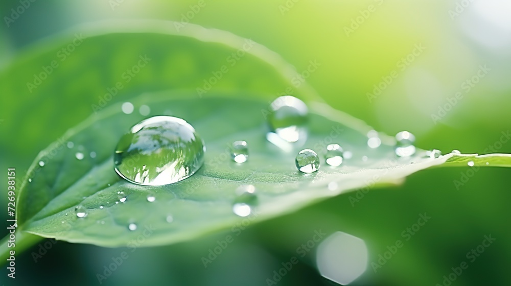 Transparent water drops after rain on a green leaf sunlight. Selective focus of beautiful of many droplets with beautiful sunlight bokeh. Generative AI Transparent water drops after rain on a green leaf sunlight. Selective focus of beautiful of many droplets with beautiful sunlight bokeh. Generative AI