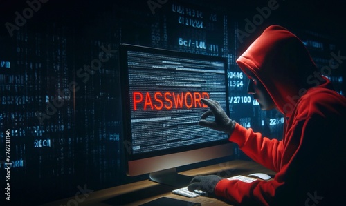 A hacker in a red hooded sweatshirt, grabs the word password on a computer screen ,generative ai  art
