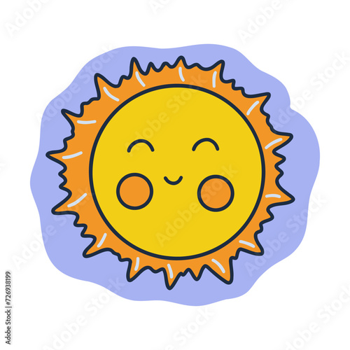 Total lunar eclipse. Or smiling sun in the sky. Colorful vector isolated illustration hand drawn doodle. Icon or card, clip art with contour. Moonlight behind the sun