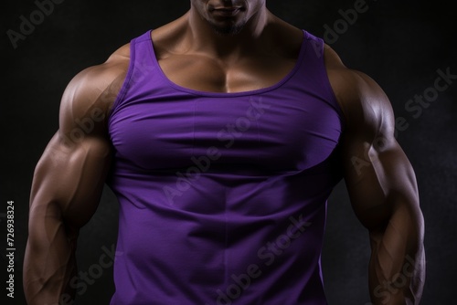 Strong afro american fitness model with well defined abdominal muscles in purple top