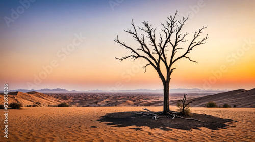Lone, withered tree stands amidst vast desert dunes, stark reminder of climate change. Barren branches reach out against backdrop of soft sunset hues, scene of nature resilience and vulnerability