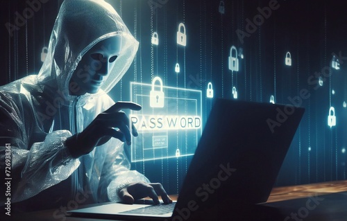 A hacker in a clear plastic hooded sweatshirt, grabs the word password on a computer screen ,generative ai art