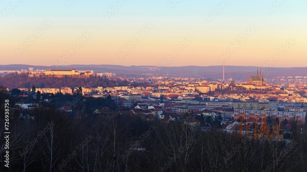 Obraz premium Brno city in the Czech Republic. Europe. Petrov - Cathedral of Saints Peter and Paul and Spilberk castle. Beautiful old architecture and a popular tourist destination. Photography of the city.