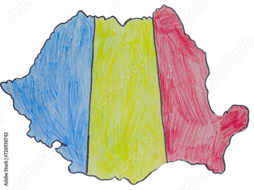 The map of Romania colored in the colors of the Romanian flag