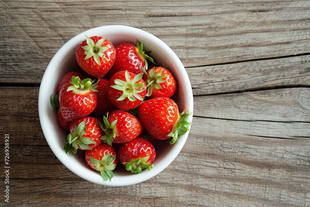 Top view of fresh red strawberries heaped in white bowl on wooden table capturing essence of summer and health ripe juicy berries offering sweet taste of nature perfect for delicious breakfast