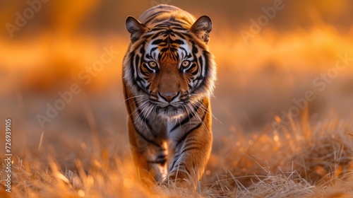 Great tiger male in the nature habitat. Tiger walk during the golden light time. © Dushan