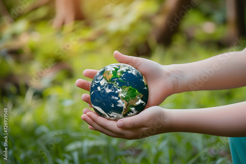 child holding a green earth on green background, Saving the environment concept.