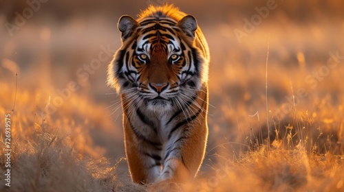 Great tiger male in the nature habitat. Tiger walk during the golden light time. © Dushan