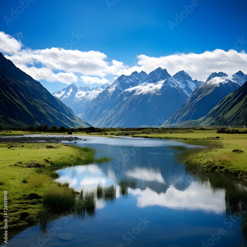 Epic Untouched Beauty: A Panoramic Landscape of a Tranquil Lake in a Mountainous Valley