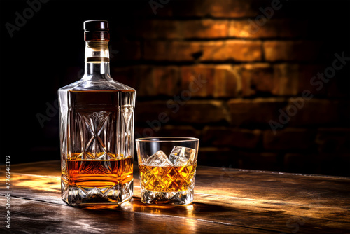bottle and glass whiskey on background