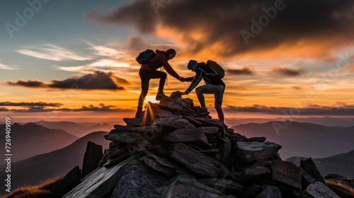 unstoppable bond. friends overcoming challenges as a team to reach the summit © sorin