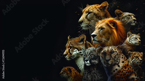 A group of animals are together on a black background, generative ai photo