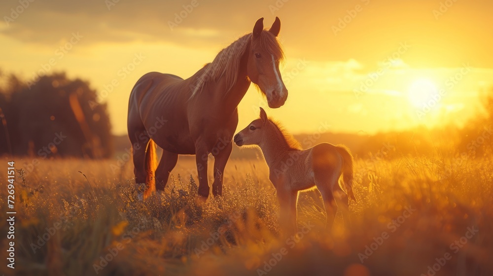 A beautiful brown mare nurturing and teaching her sweet new little foal on a golden summers evening A beautiful brown mare nurturing and teaching her sweet new little foal on a golden summers evening