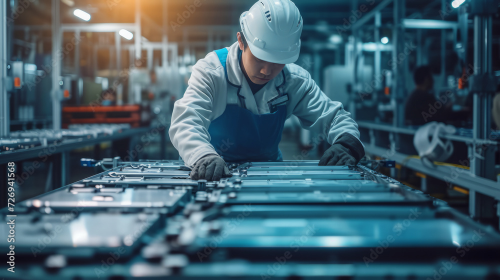Chinese engineer working on EV car battery cells module in a electric vehicle factory Chinese engineer working on EV car battery cells module in a electric vehicle factory