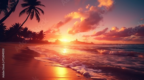 Beautiful sunset with palm trees silhouettes on tropical beach. Perfect for summer travel and vacation concept background. Generative AI