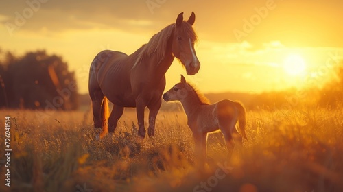 A beautiful brown mare nurturing and teaching her sweet new little foal on a golden summers evening © Dushan