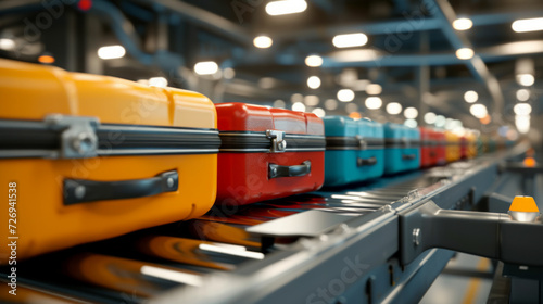 Travel abroad concept with airport conveyor belt with different colorful suitcases