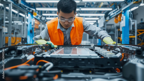 Chinese technician working on EV car battery cells module in a electric vehicle factory