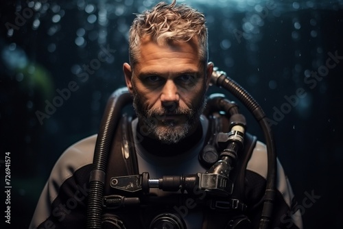 Portrait of a bearded scuba diver looking at camera over dark background © Nerea