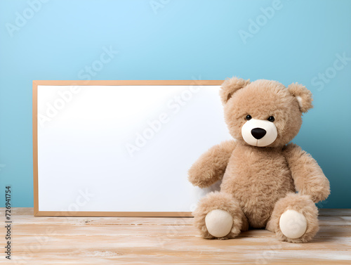Fluffy brown teddy bear with  a blank sign with space for copy,Generative Ai