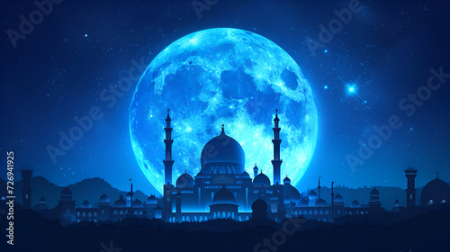 A silhouette of a big mosque on Blue full moon in nigh, generative ai photo