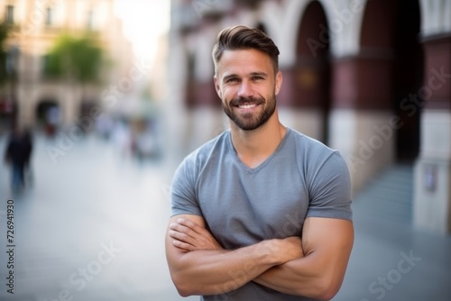 Portrait of a handsome young man with arms crossed in the city