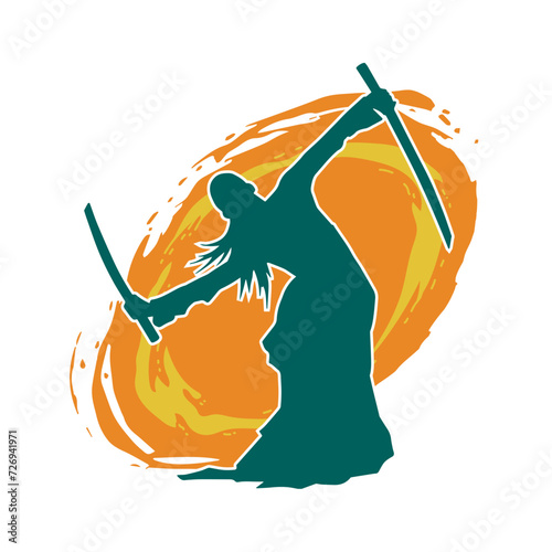 Silhouette of a female fighter in action pose carrying sword weapon.