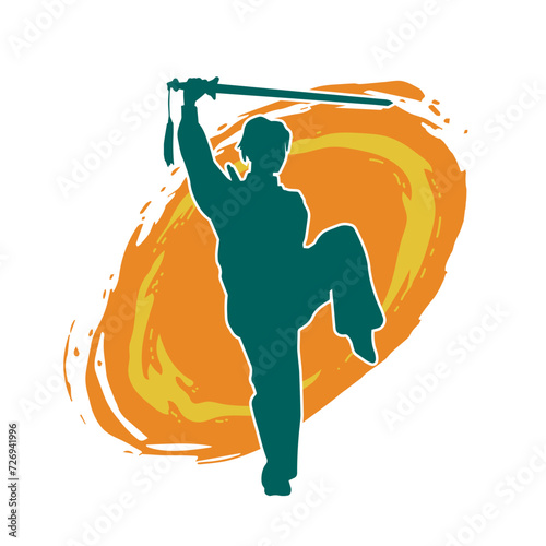 Silhouette of a female fighter in action pose carrying sword weapon.